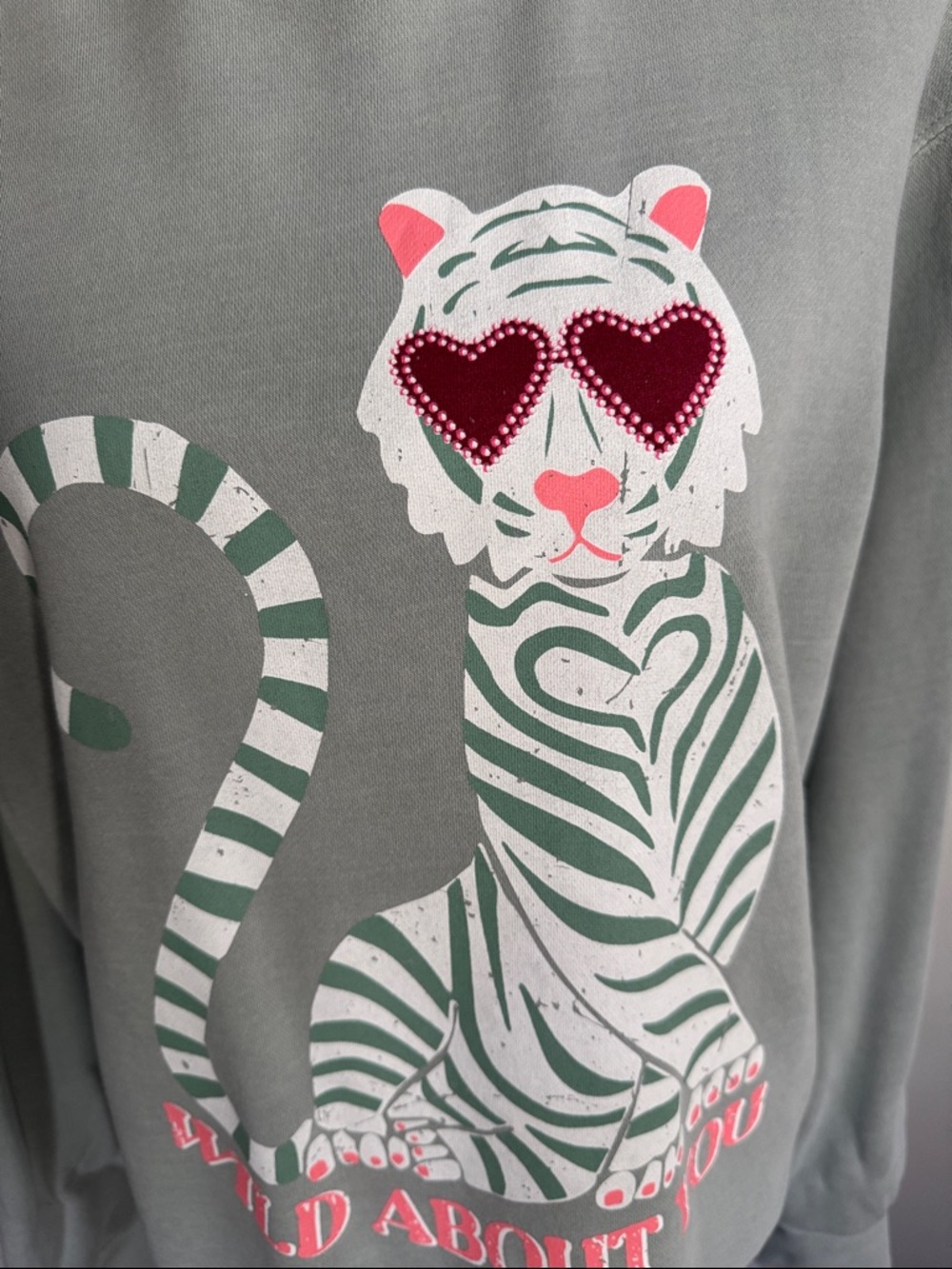 Living Fully Co-Sage Crewneck Sweatshirt with Heart-Eyed Tiger Graphic - Picture 2 of 5